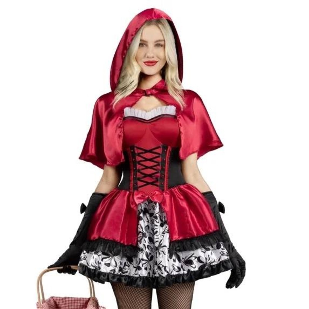 Womens Sexy Red Riding Hood Halloween Costume Sz XXL Dress Cape Fishnet Leggings